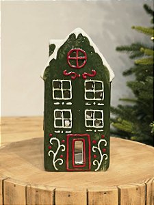 Casa Verde Em Cerâmica Decorada Porta Vela 16,5Cm