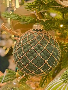 Bola De Vidro Verde Veludo Com Dourado 9,5Cm