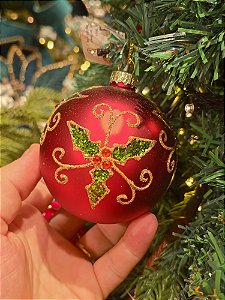 Bola De Vidro Vermelha Decorada 8Cm