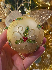 Bola De Vidro Dourada Decorada 8Cm