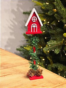 Poste Casinha De Passaros Vermelha Natalina 18Cm