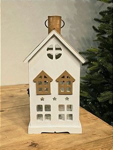 Casa Branca Luminaria Em Mdf Com Vidro 38Cm
