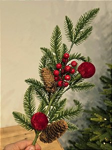 Galho Decorativo Berry Com Pinha E Bola Veludo 70Cm
