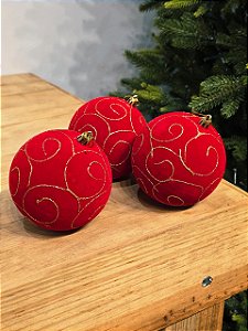 Bola Veludo Vermelha Com Arabesco Dourado 10Cm Com 3 Unidades
