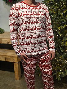 Pijama Natalino Vermelho E Branco Renas Tamanho G