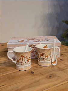 Dupla De Canecas Decorada Renas Com Colheres 280Ml Com Caixa De Presente