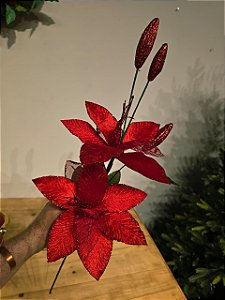 Galho Com Dupla De Flor Vermelha 77Cm