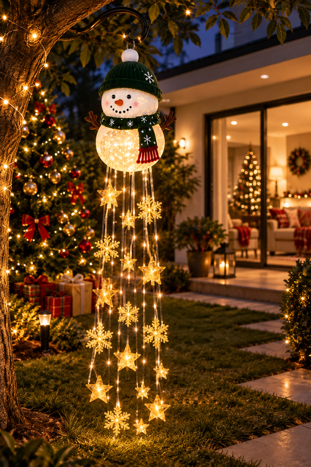 Boneco de Neve com Cascata de Luzes LED Solar