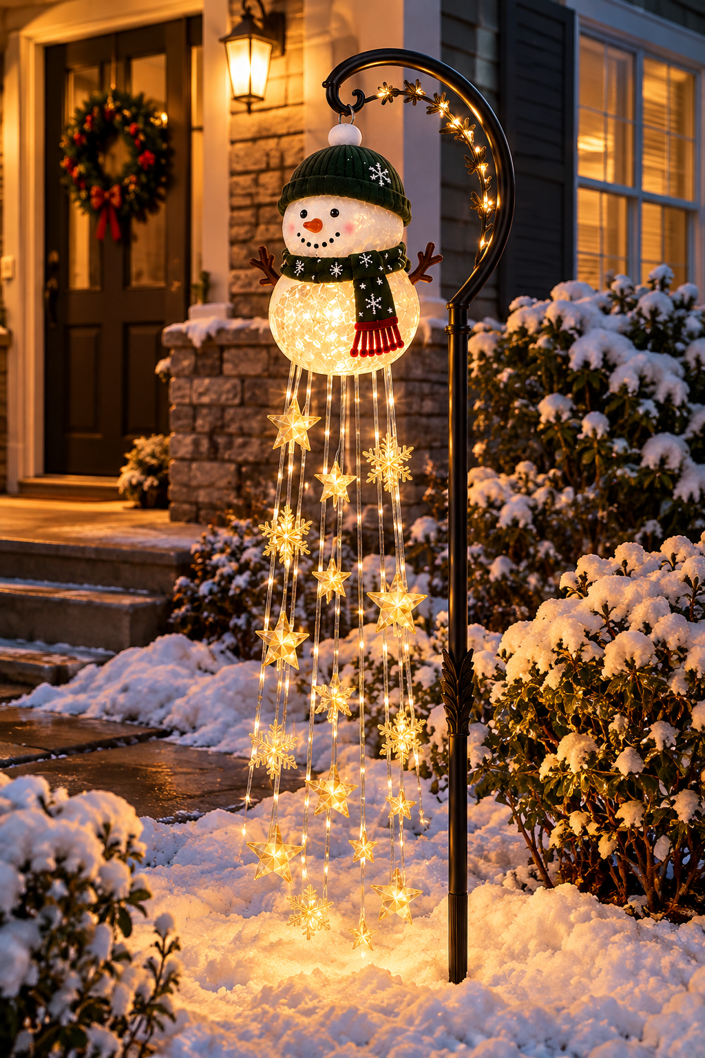 Boneco de Neve com Cascata de Luzes LED Solar
