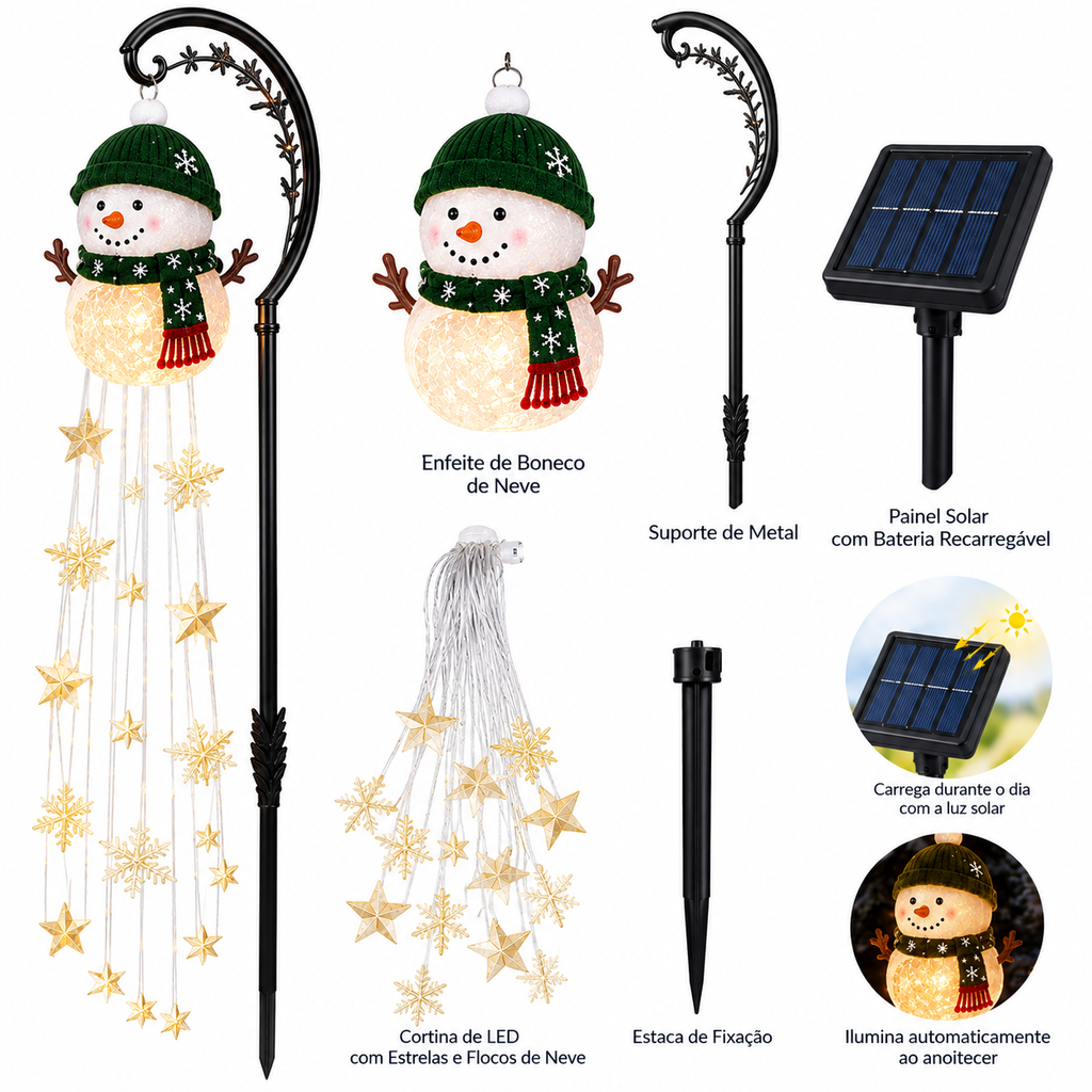 Boneco de Neve com Cascata de Luzes LED Solar