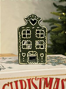 Casa Cerâmica Verde Decorada Porta Vela 8Cm