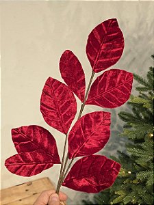 Galho Com Folhas Em Veludo Vermelho 75Cm
