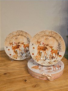 Dupla De Pratos Prato Decorado Renas 25Cm Com Caixa De Presente