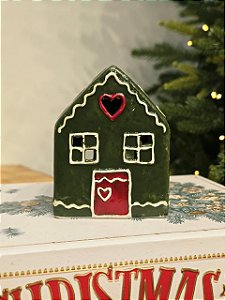 Casa Cerâmica Verde Decorada Porta Vela 11Cm