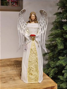Anjo Em Resina Com Luz Branco E Dourado 56Cm