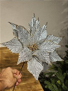 Flor Poinsetia Decorativa Prata Com Borda Champanhe 31Cm