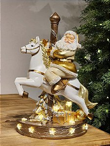 Papai Noel No Carrossel Dourado E Branco Com Led 32Cm