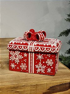 Pote Decorativo Com Tampa Presente Vermelho E Branco 21Cm