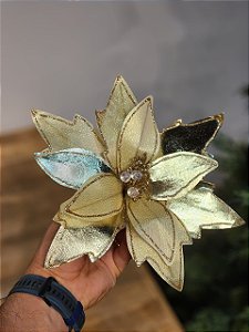 Flor Poinsetia Decorativa Champanhe E Ouro 25Cm