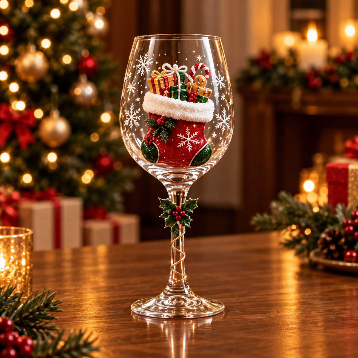 Taças de Vinho Natalinas - na mesa