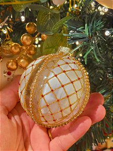 Bola De Vidro Branca Com Dourada 8Cm