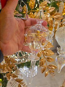 Ornamento Gota De Vidro Transparente Com Gota Dourada 23Cm