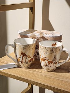 Dupla De Canecas Decorada Renas 300Ml Com Caixa De Presente
